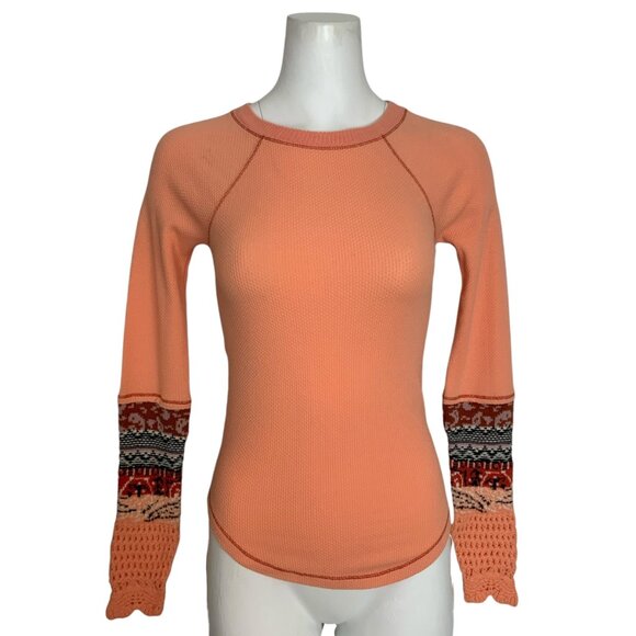 Free People In The Mix Cuff Thermal Top XS Desert Orange Combo Long Sleeve Crew - Picture 1 of 13